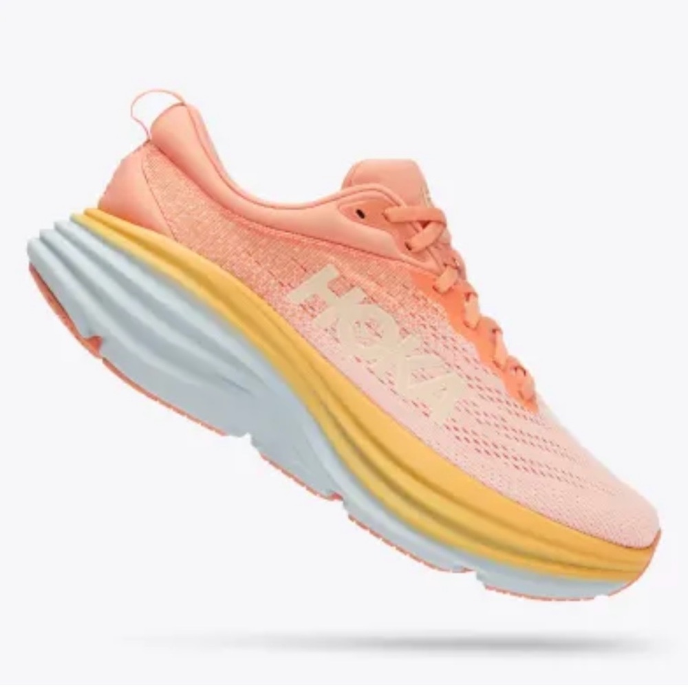 Hoka Peach and Yellow Running Shoes Bondi 8